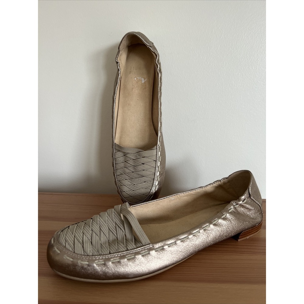 Stuart Weitzman Size 7 M Gold Leather Woven Slip On Ballet Flats Women's Summer